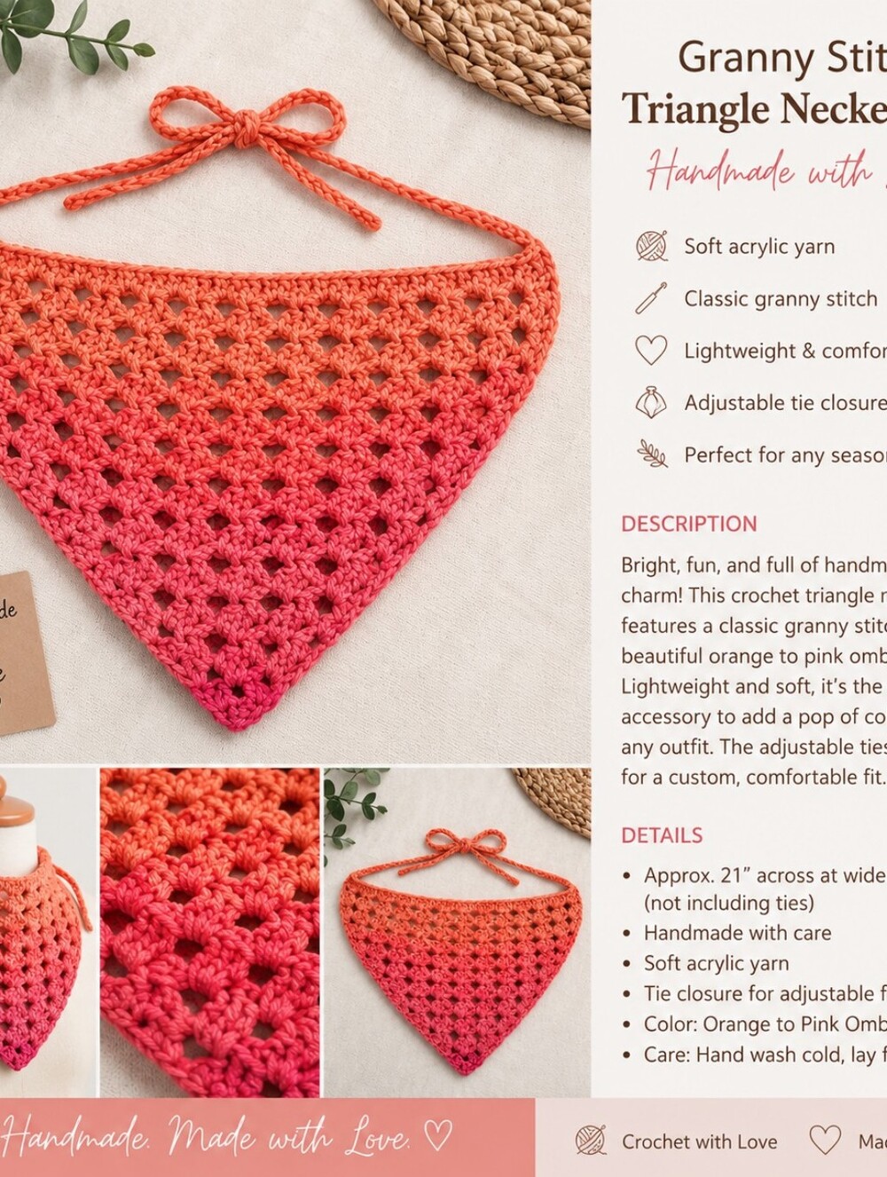 Handcrafted Gradient Pink Crochet Neckerchief Mini Scarf